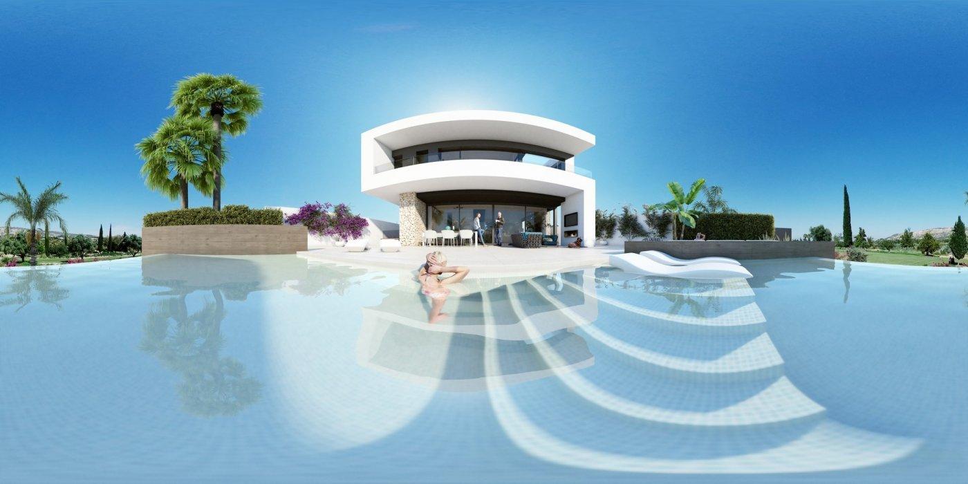 New build luxury first line villa in Algorfa golf course with 3 bedrooms, 3 bathrooms, floor heating, infinity swimming pool, home automation system, and underground garage. Close to Guardamar and Torrevieja beaches.