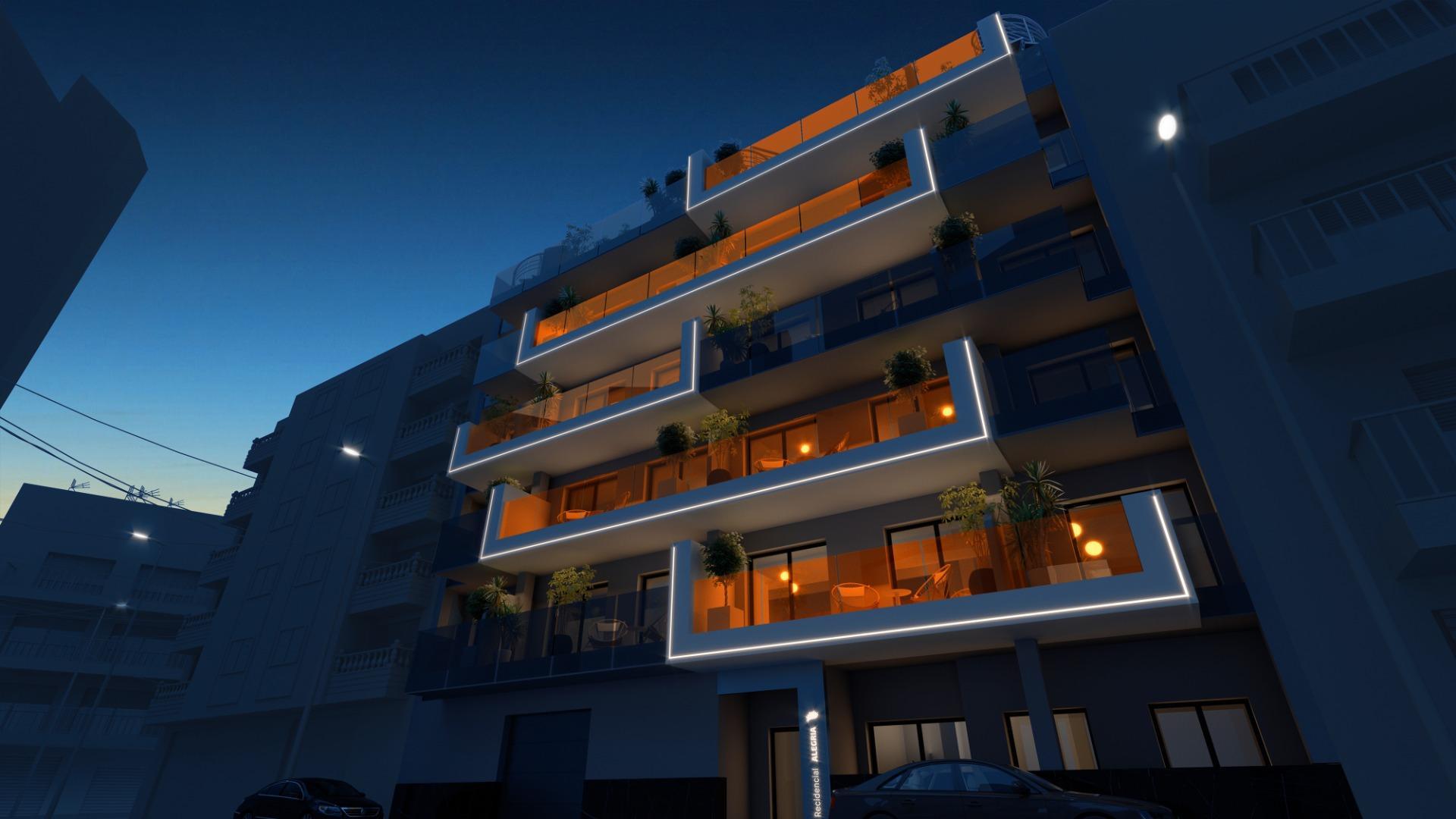 New Build Residential Complex in Torrevieja with communal pool, sauna, and parking options. Apartments feature 2-3 bedrooms, fully furnished kitchens, underfloor heating, and private terraces. Penthouses include solariums with showers and barbecues. Ideal location near shopping area and attractions.