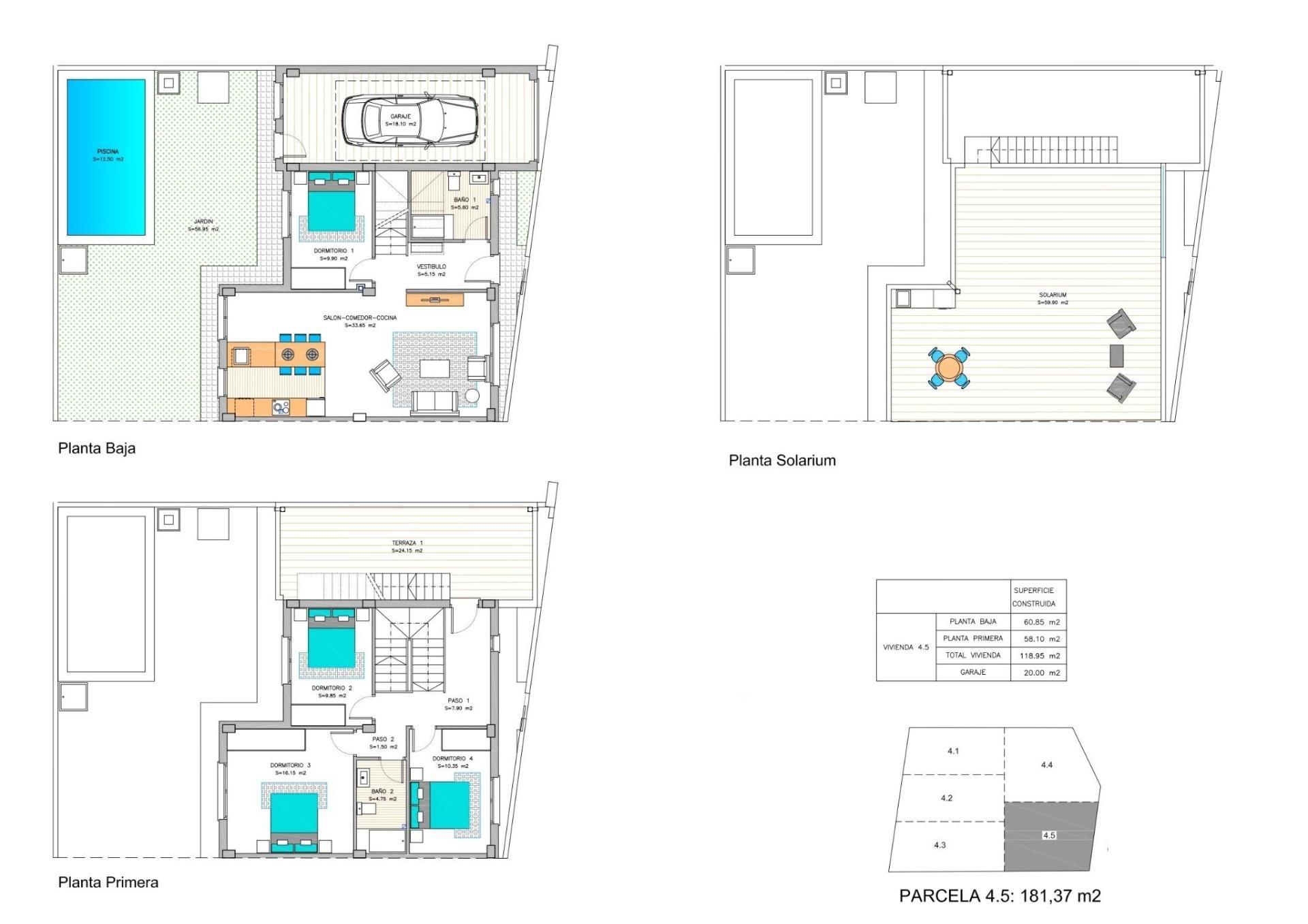 Luxurious new build development in Los Belones, La Manga Mar Menor with 5 properties, private swimming pool, garage, patio, solarium, 4 bedrooms, 3 bathrooms, fitted kitchens, air conditioning pre-installation, close to beaches and amenities.