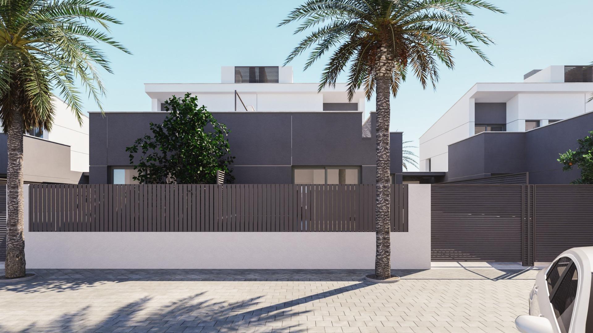 New build semi-detached villas with 3 bedrooms and 3 bathrooms in Los Nietos, Murcia. Elegant interiors, fully equipped kitchen, private pool, solarium, and solar panels. Located near the sandy beach of Los Nietos on the Mar Menor.