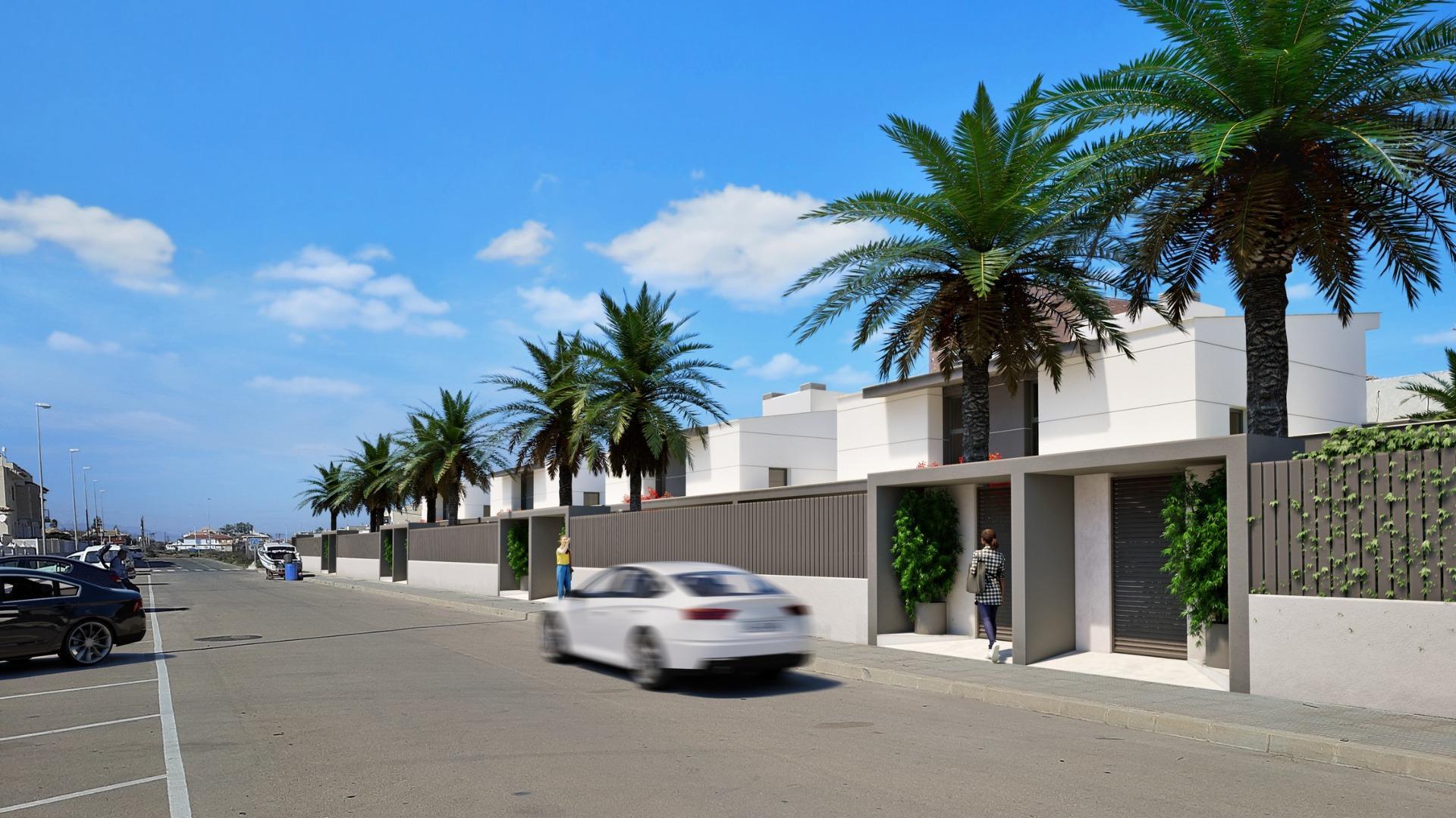 New build semi-detached villas with 3 bedrooms and 3 bathrooms in Los Nietos, Murcia. Elegant interiors, fully equipped kitchen, private pool, solarium, and solar panels. Located near the sandy beach of Los Nietos on the Mar Menor.