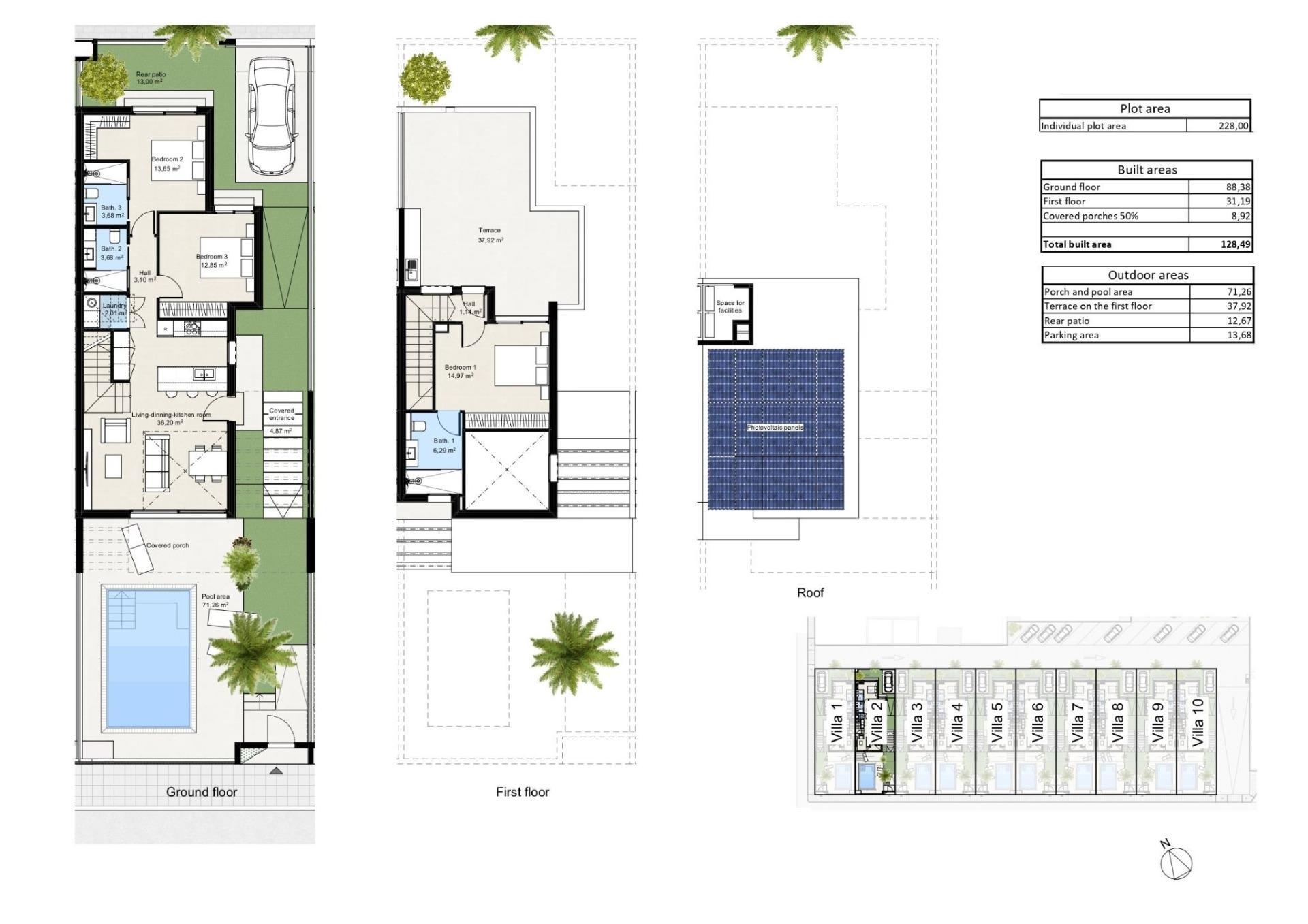 New build semi-detached villas with 3 bedrooms and 3 bathrooms in Los Nietos, Murcia. Elegant interiors, fully equipped kitchen, private pool, solarium, and solar panels. Located near the sandy beach of Los Nietos on the Mar Menor.