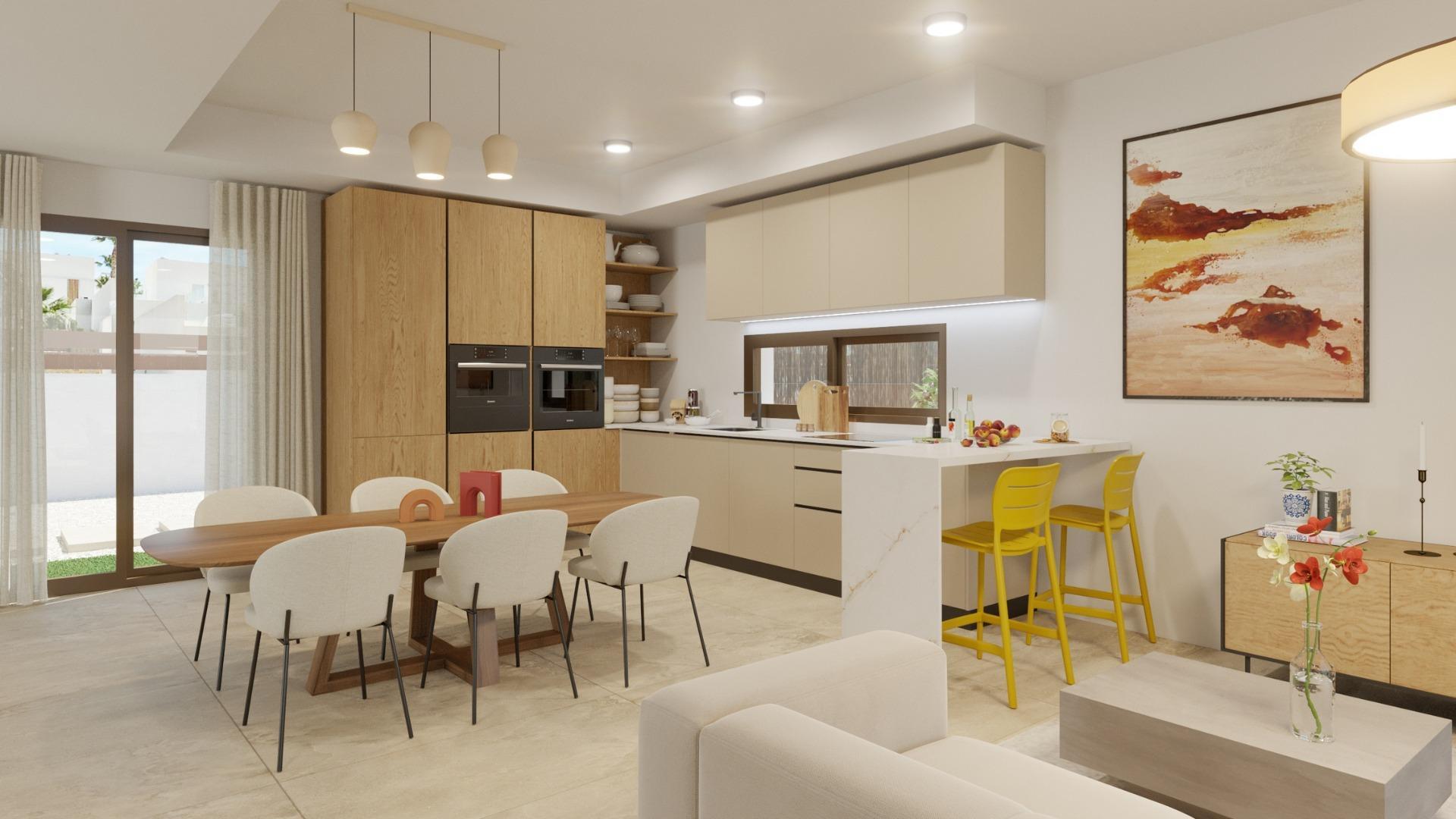 New build villas in Algorfa, featuring 3 bedrooms, 2 bathrooms, open plan kitchen with living area, large windows with terrace, pool access, and parking space. Access to high-quality services and close to beaches.