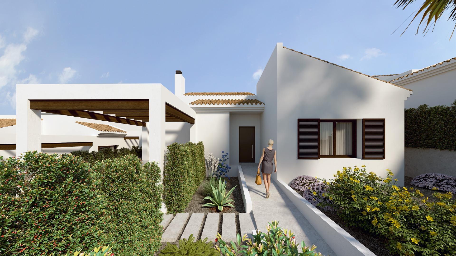 New build Mediterranean style villas located in La Finca Golf course, Algorfa, offering 3 bedrooms, 2 bathrooms, open plan kitchen and living area with garden, swimming pool, and off-road parking.