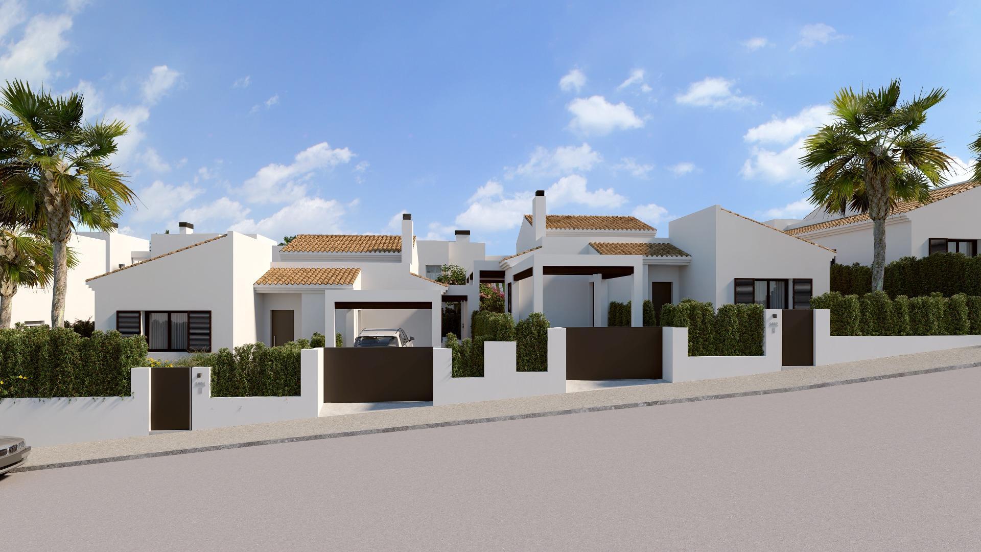 New build Mediterranean style villas located in La Finca Golf course, Algorfa, offering 3 bedrooms, 2 bathrooms, open plan kitchen and living area with garden, swimming pool, and off-road parking.