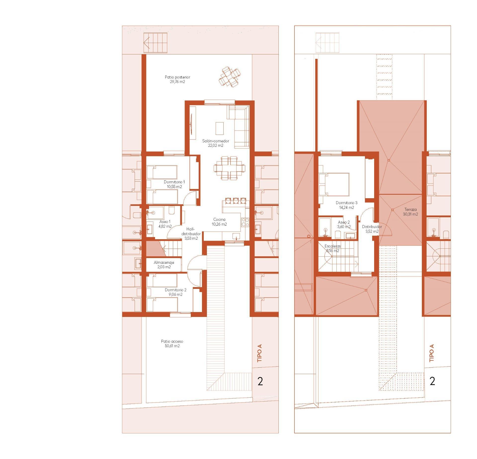 New Build townhouses in Altaona Golf Resort, Murcia, featuring 3 bedrooms, 2 bathrooms, open plan kitchen, terraces, gardens with pool space, and optional private pool. Located 15 minutes from Murcia and 20 minutes from the beaches.