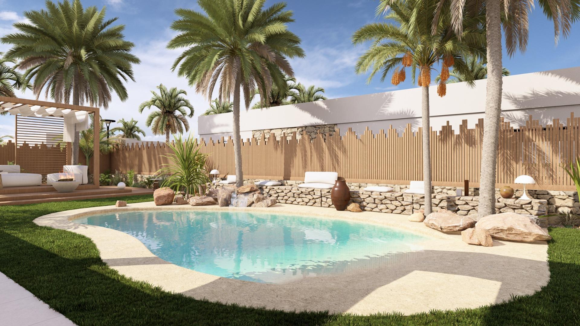 New build villas in Altaona Golf resort, Murcia with 3 bedrooms, 3 bathrooms, open plan kitchen, and private garden with pool. Features include energy-efficient rating, underfloor heating, air conditioning, and home automation system.