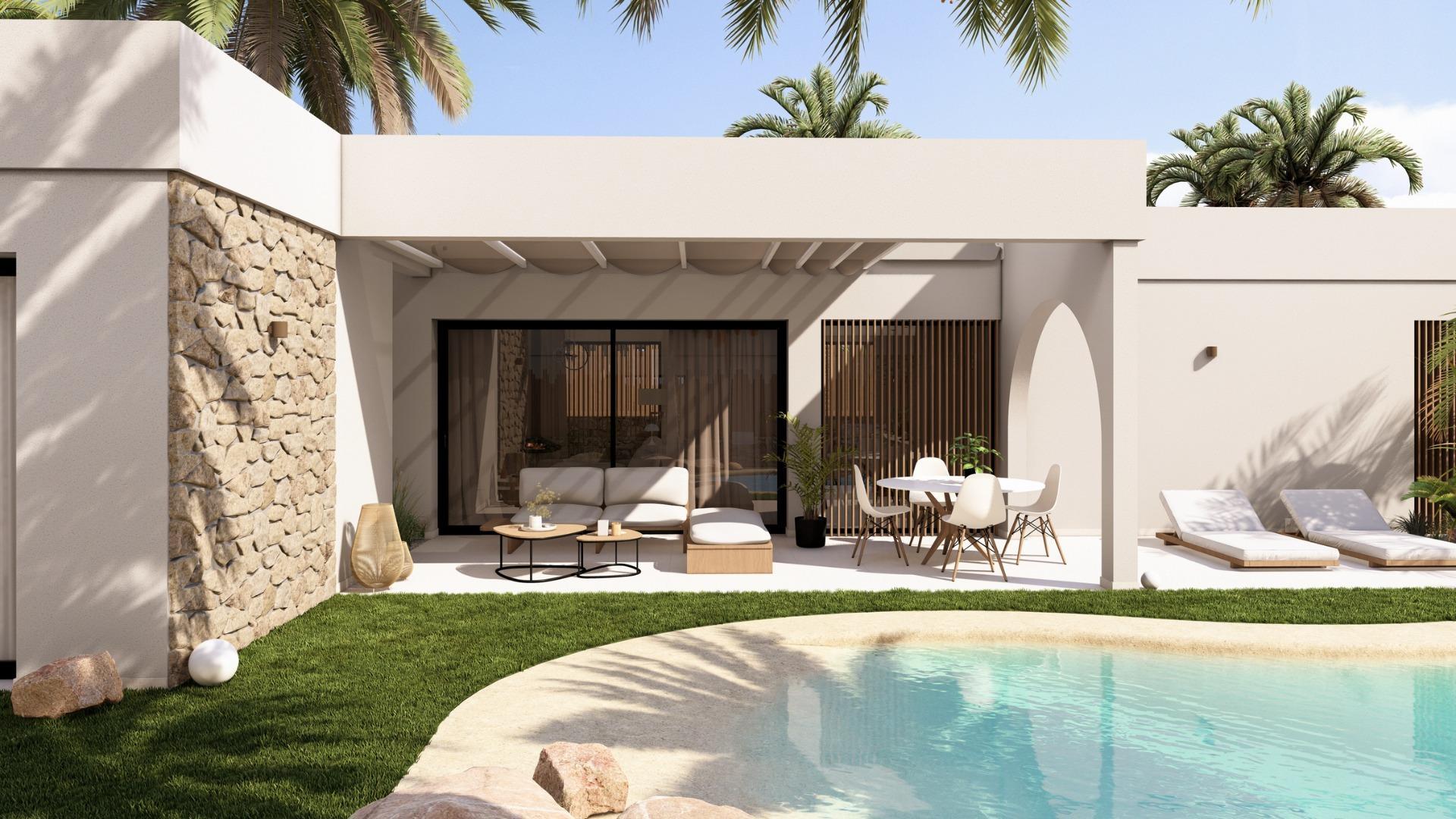 New build villas in Altaona Golf resort, Murcia with 3 bedrooms, 3 bathrooms, open plan kitchen, and private garden with pool. Features include energy-efficient rating, underfloor heating, air conditioning, and home automation system.