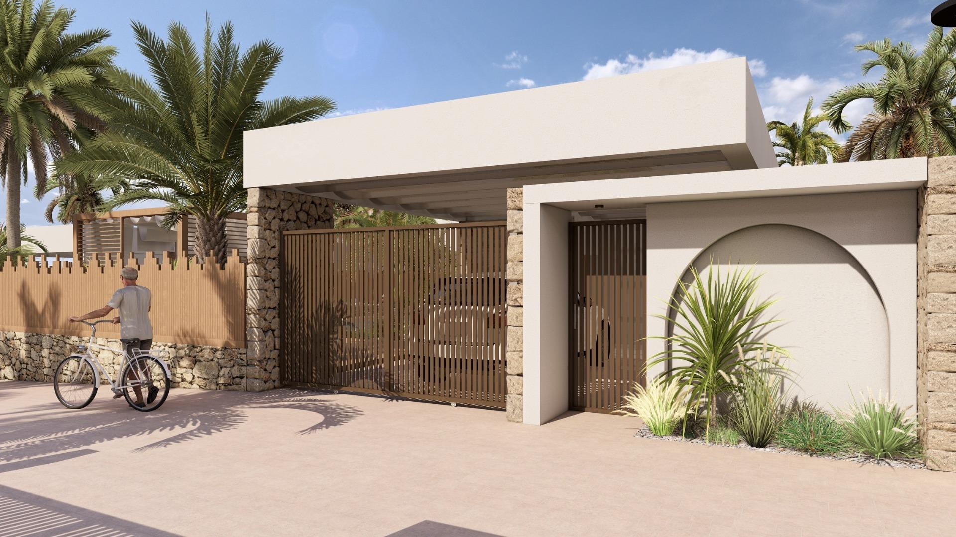 New build villas in Altaona Golf resort, Murcia with 3 bedrooms, 3 bathrooms, open plan kitchen, and private garden with pool. Features include energy-efficient rating, underfloor heating, air conditioning, and home automation system.