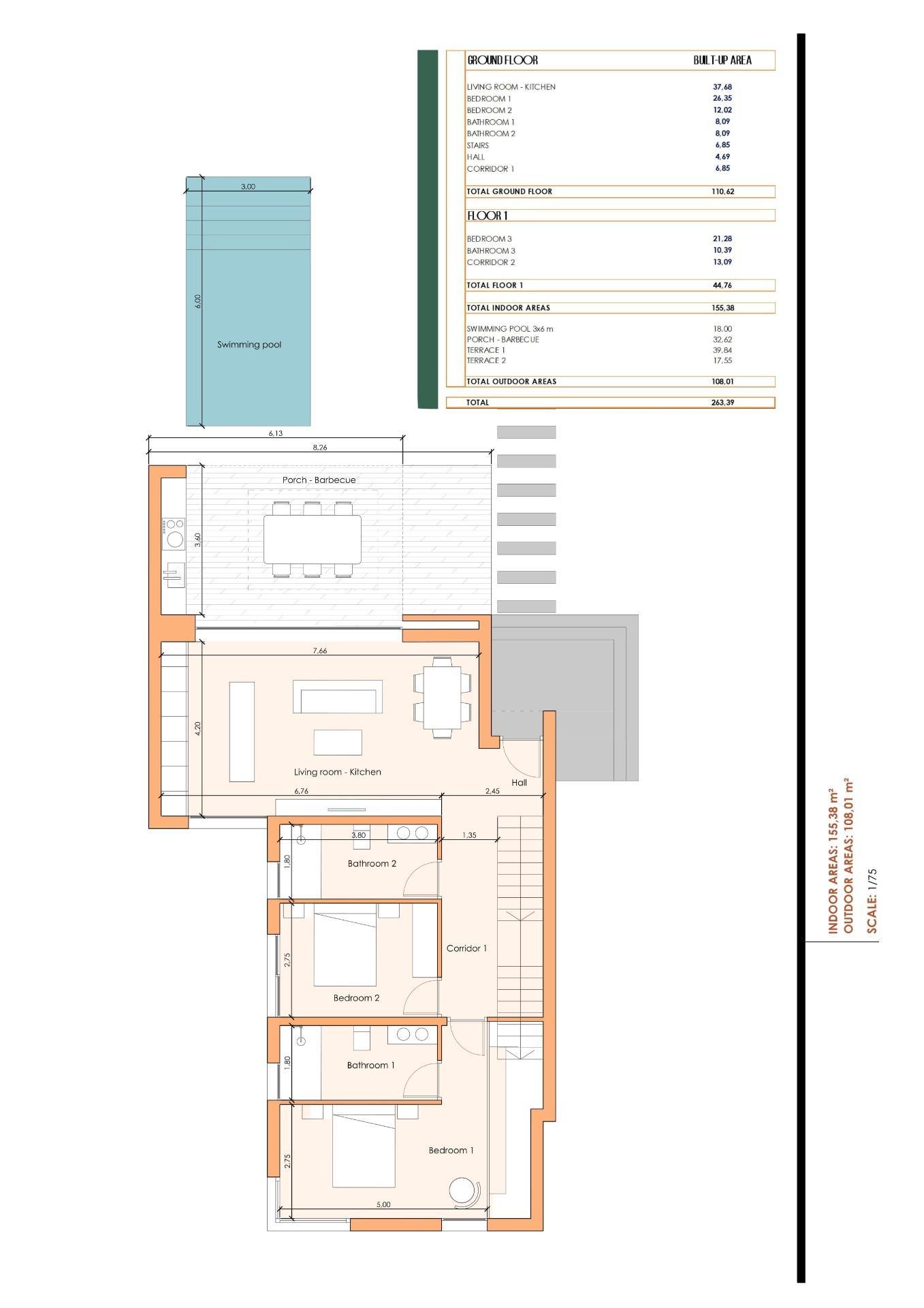 New Build semi-detached villas in Altaona Golf Resort, Murcia, featuring open plan kitchen, 3 bedrooms, 3 bathrooms, terrace, private garden with pool, and parking space. Properties include energy-efficient features, underfloor heating, air conditioning, and home automation.