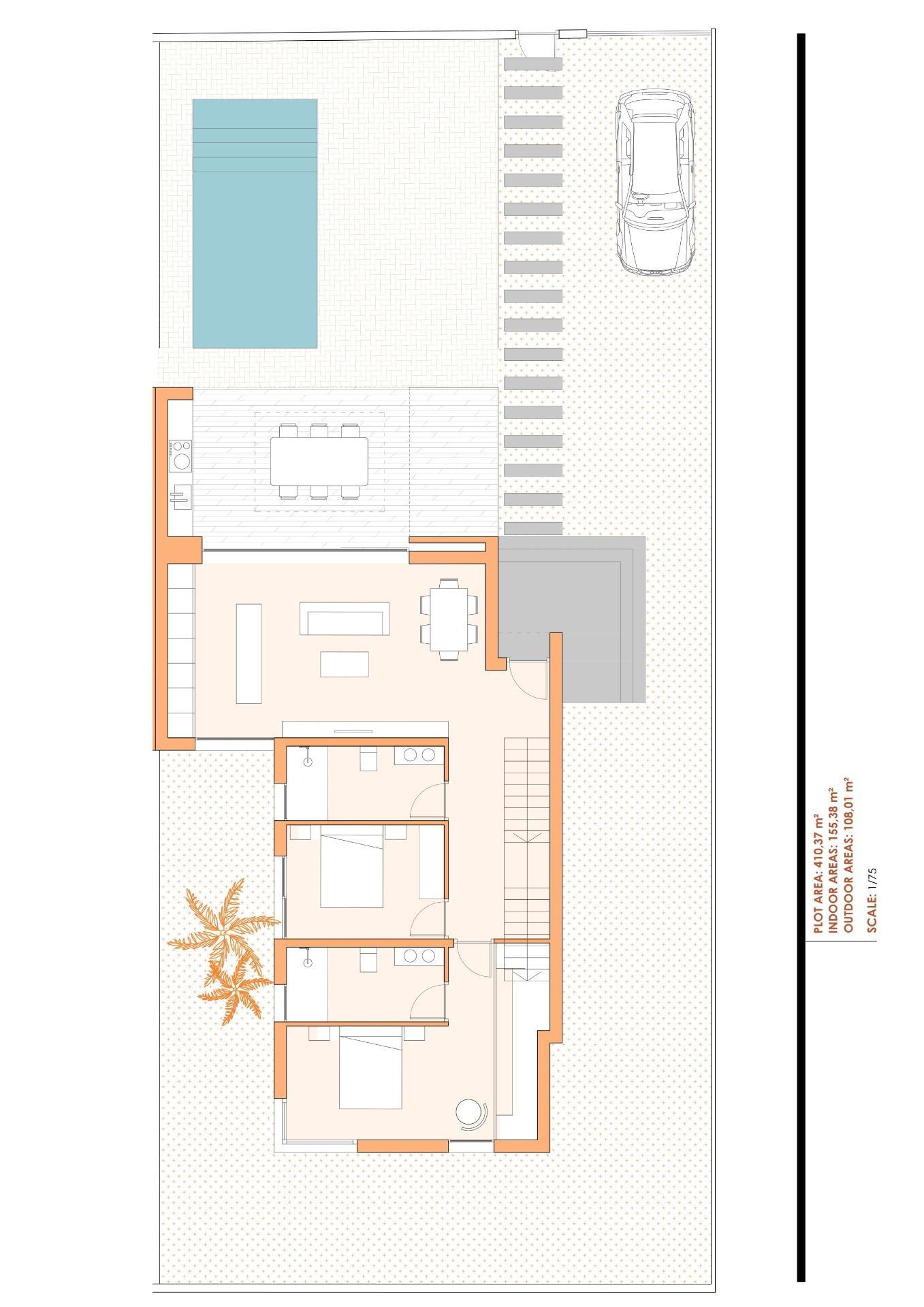 New Build semi-detached villas in Altaona Golf Resort, Murcia, featuring open plan kitchen, 3 bedrooms, 3 bathrooms, terrace, private garden with pool, and parking space. Properties include energy-efficient features, underfloor heating, air conditioning, and home automation.