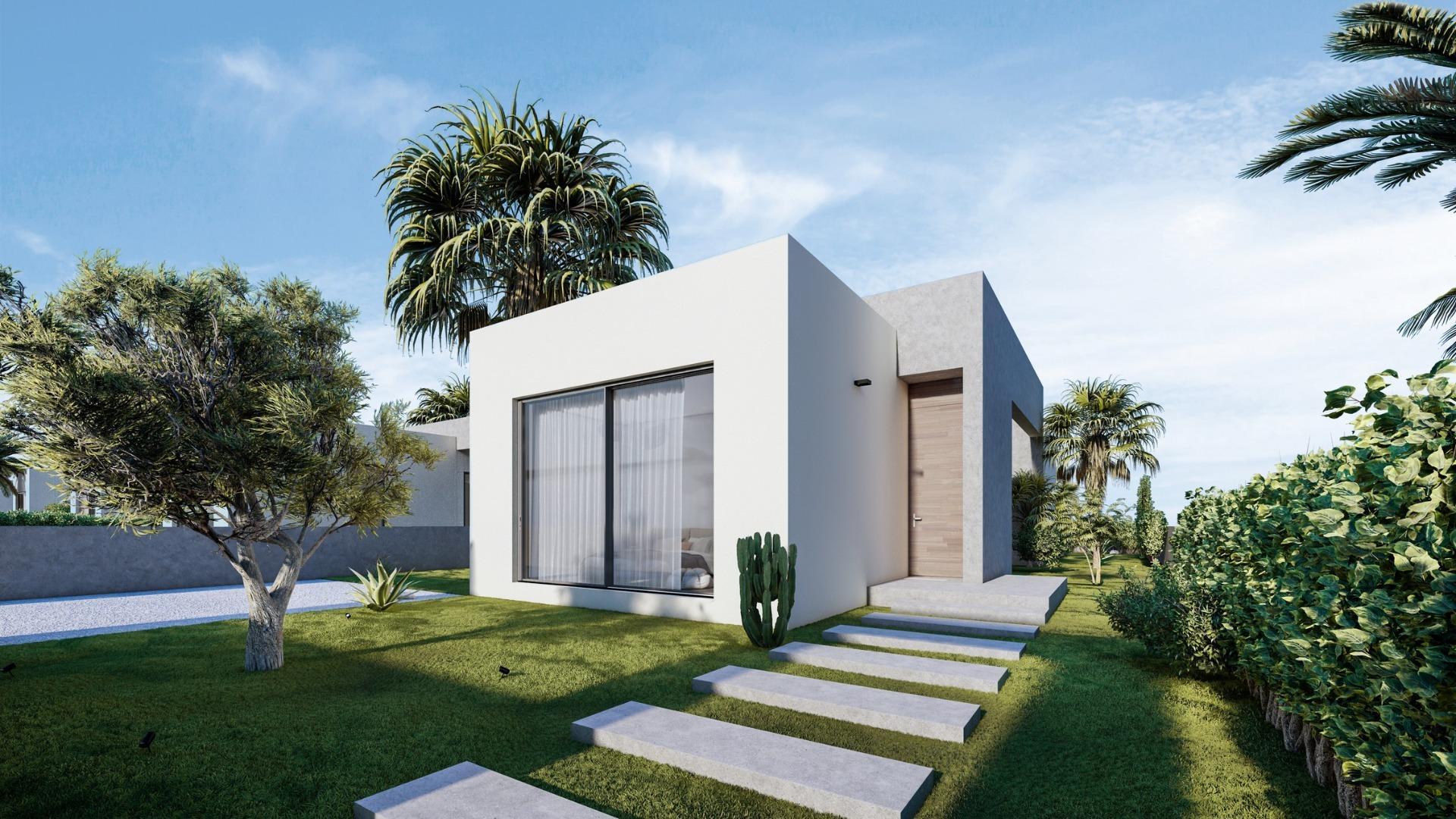 New Build semi-detached villas in Altaona Golf Resort, Murcia, featuring open plan kitchen, 3 bedrooms, 3 bathrooms, terrace, private garden with pool, and parking space. Properties include energy-efficient features, underfloor heating, air conditioning, and home automation.