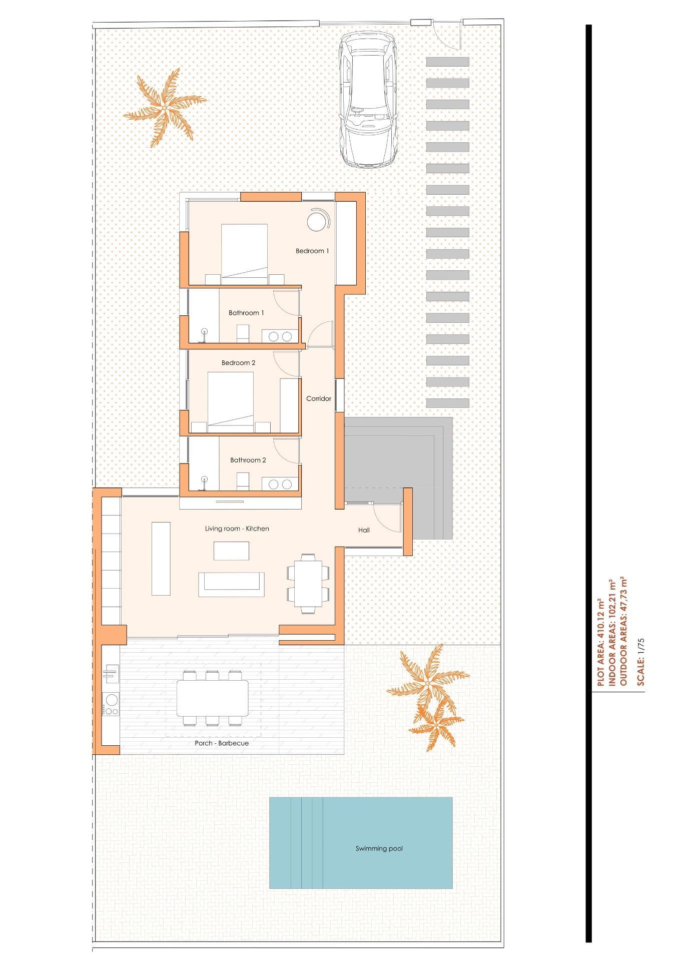 New build villas in Altaona Golf Resort, Murcia with 2 bedrooms, 2 bathrooms, terrace, private garden, pool, and parking. Features include energy efficiency, air conditioning, underfloor heating, kitchen appliances, LED lighting, smart switches, home automation, and garden irrigation.