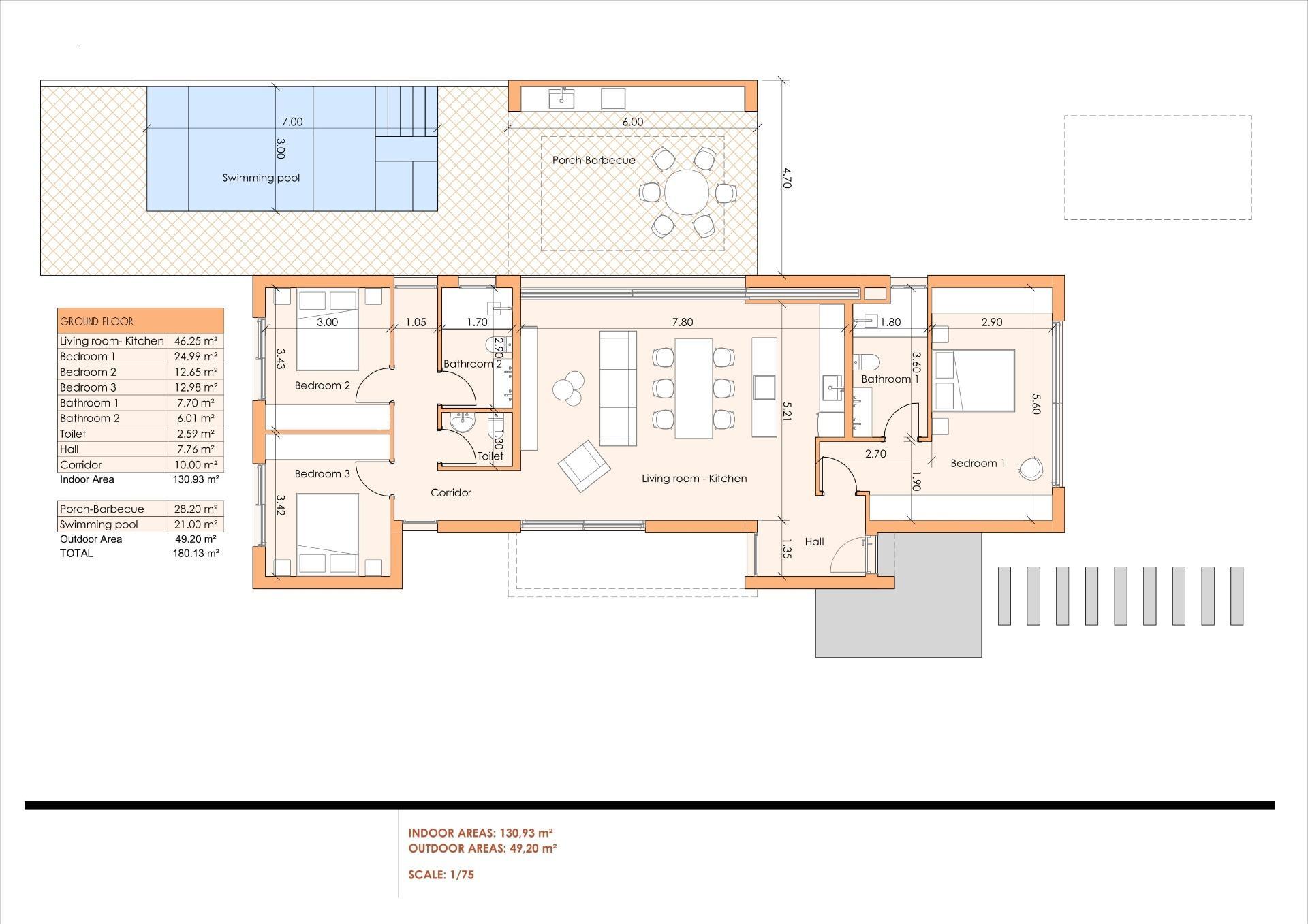 New build villas in Altaona Golf Resort, Murcia featuring 3 bedrooms, 2 bathrooms, open plan kitchen, terrace, private garden with pool, and parking space. Includes energy-efficient features, air conditioning, underfloor heating, air renewal system, home automation, and proximity to Murcia city center and beaches.